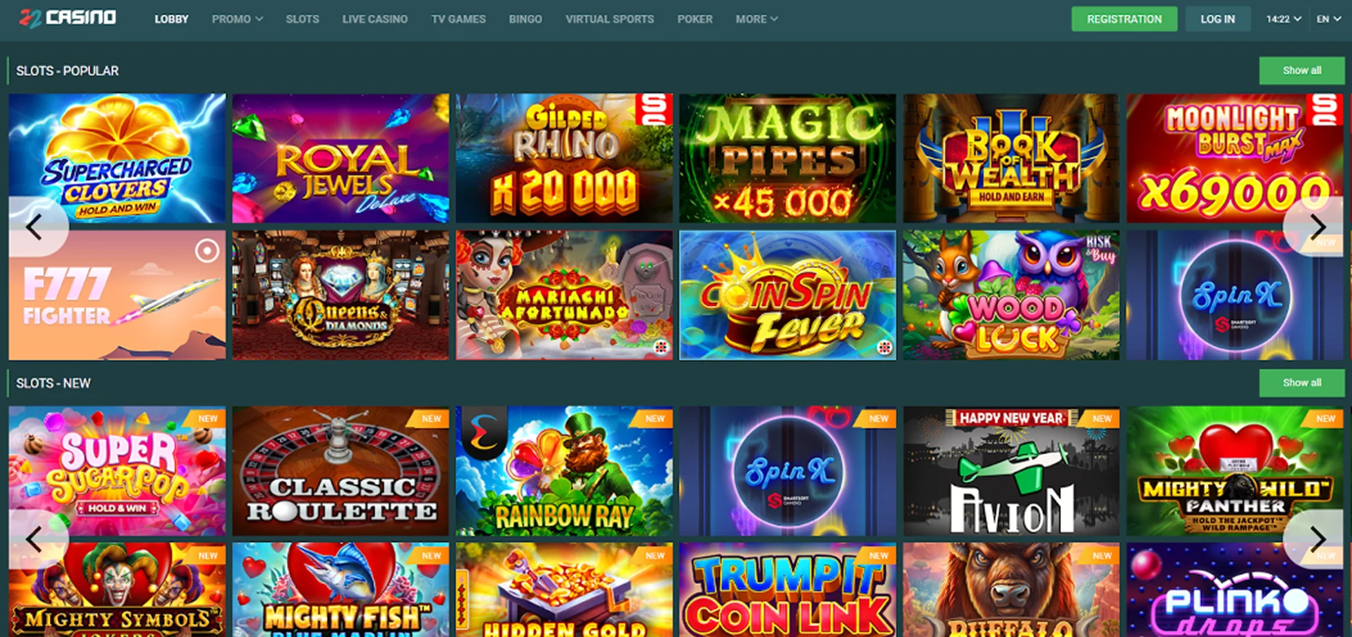 Képernyőkép a 22bet app felületéről, megjelenítve a fogadási lehetőségeket és a kaszinó játékokat